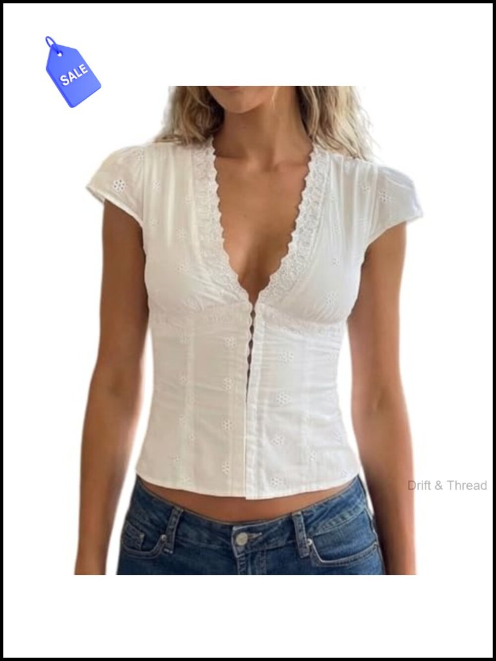 Women Y2K Short Sleeve Crop Top V Neck Lace Trim Button Down Blouse Slim Fit